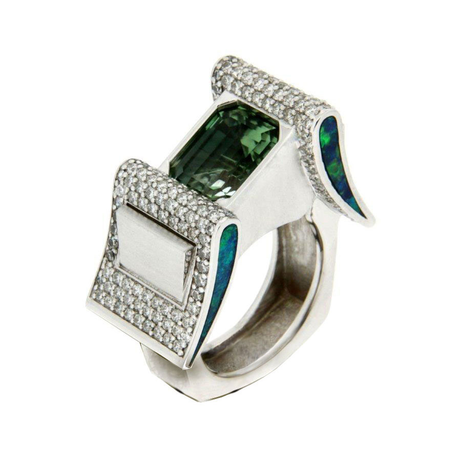 Buckle Rings White Gold Tourmaline Diamonds Opal Inlay