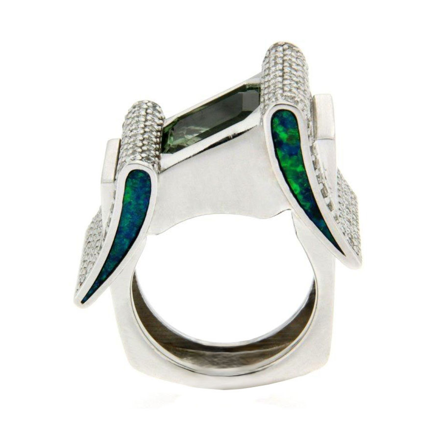 Buckle Rings White Gold Tourmaline Diamonds Opal Inlay