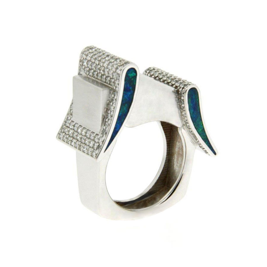 Buckle Rings White Gold Tourmaline Diamonds Opal Inlay