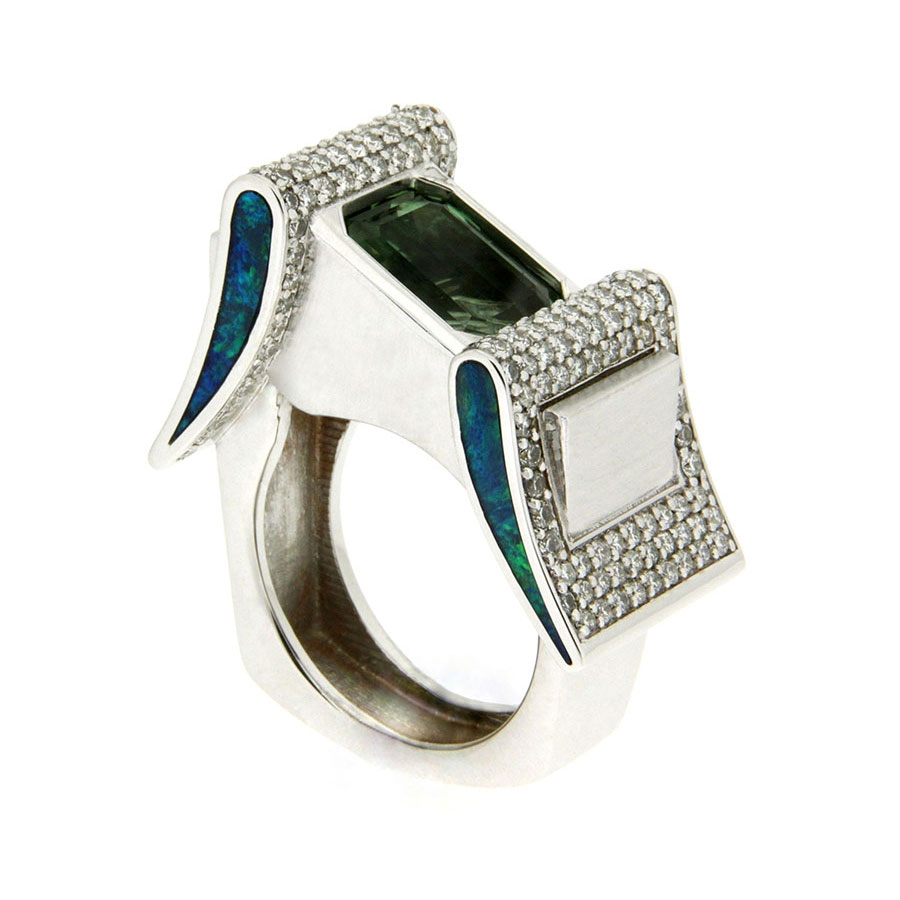 Buckle Rings White Gold Tourmaline Diamonds Opal Inlay