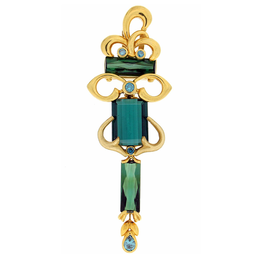 Esmeralda Pendant Yellow Gold Tourmalines Blue Diamonds