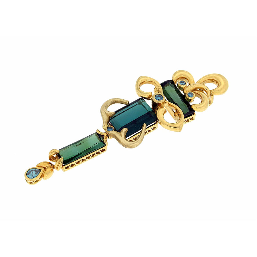 Esmeralda Pendant Yellow Gold Tourmalines Blue Diamonds