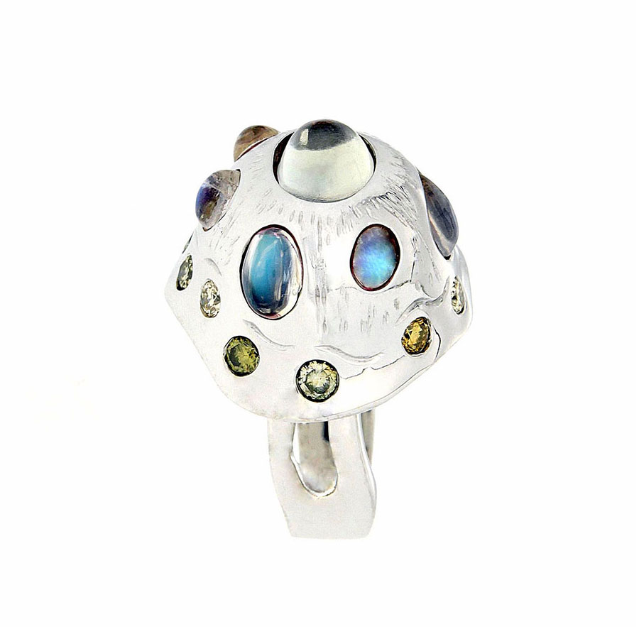 Ring White Gold Zircon Blue Diamond Yellow Diamond Moonstone