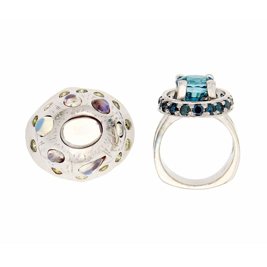 Ring White Gold Zircon Blue Diamond Yellow Diamond Moonstone