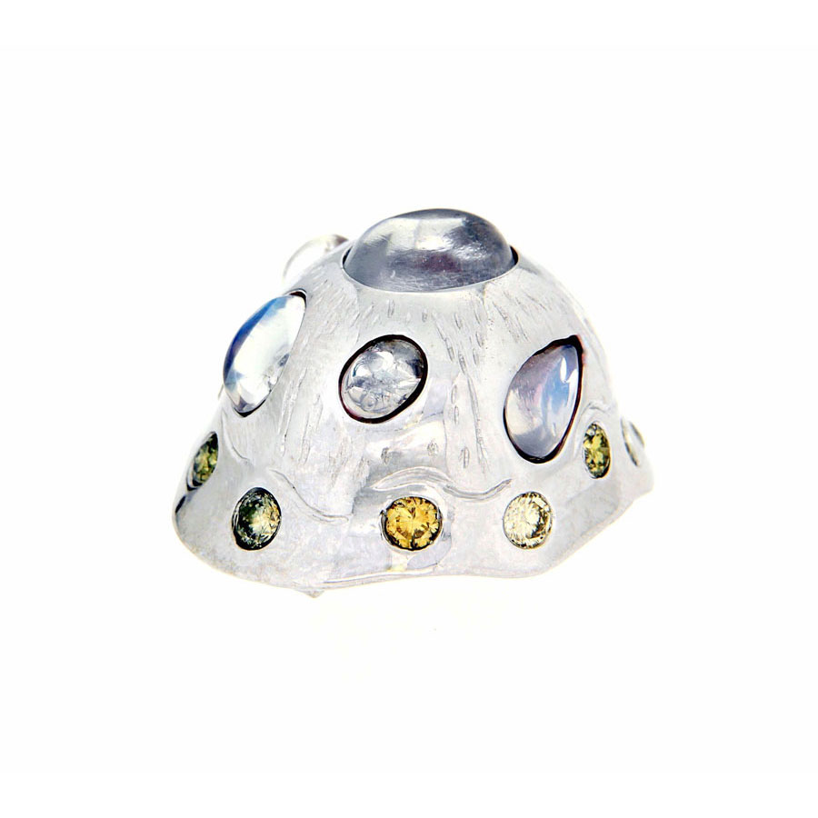 Ring White Gold Zircon Blue Diamond Yellow Diamond Moonstone