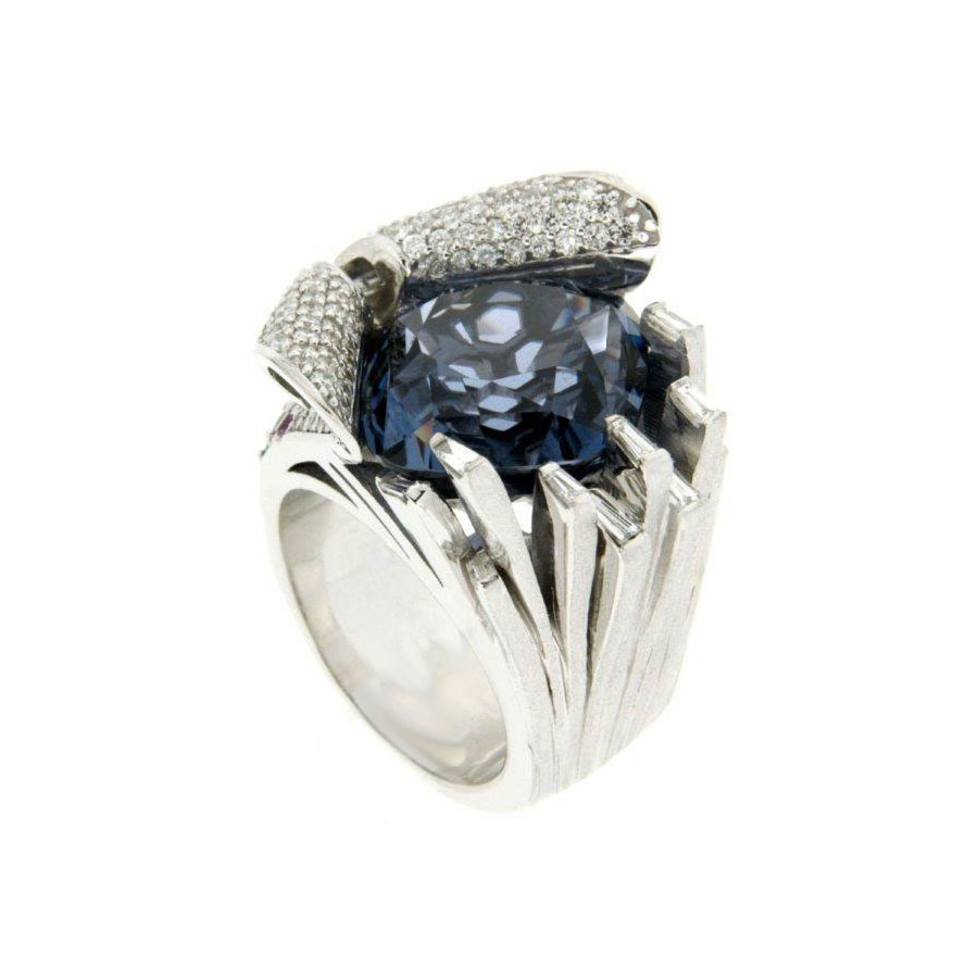 Ocean Wave Ring White Gold Spinel Diamond Emerald Sapphire