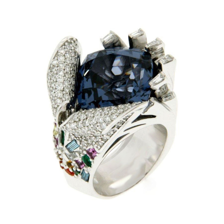 Ocean Wave Ring White Gold Spinel Diamond Emerald Sapphire